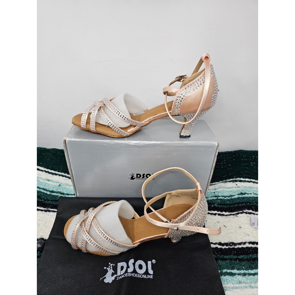 DSOL Latin Dance Sandals DC1621T-2 Rhinestone Ballroom Shoes Flesh 9.5 2.2" Heel